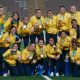 Lima, samedi 10 août 2019 - L'équipe de Colombie de football pose après avoir gagné la médaille d'or contre l'Argentine à l'Estadio San Marcos aux jeux panaméricains de Lima 2019.